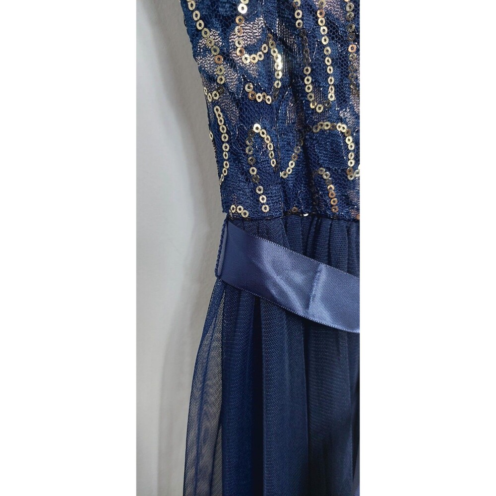 Candalite Women's Size Small Dress Blue with Gold Accents Maxi Length Sleeveless - Picture 7 of 12